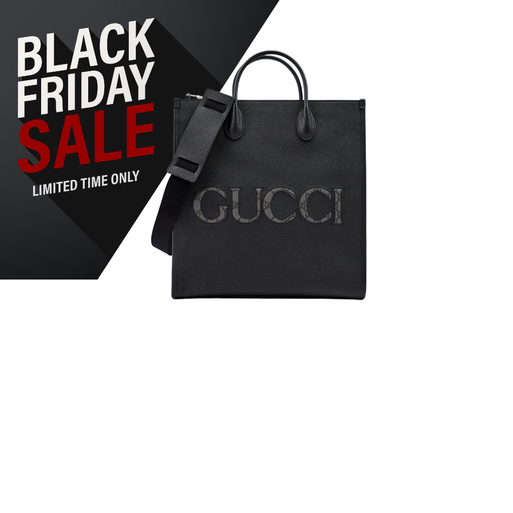 Gucci Black Leather Logo Medium Tote Bag